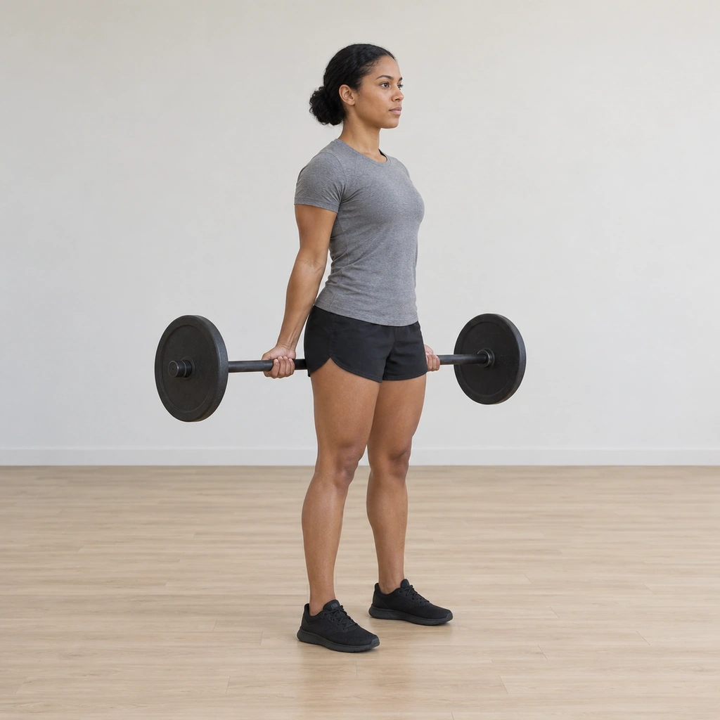 She stands tall holding the barbell behind her thighs: arms extended down behind her, both palms facing up wrapped closed on the bar, shoulders relaxed and back tall; feet planted under her hips.