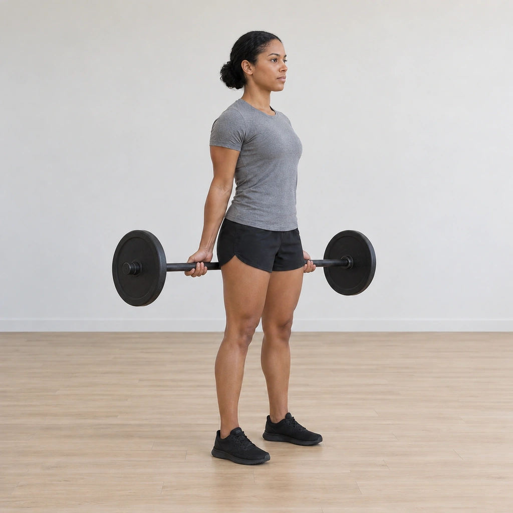 She opens both hands under control so the barbell rolls down her palms to rest at her fingertips: fingers extended and hooked under the bar, wrists still neutral, the bar held only at the last knuckles; arms still extended behind her.