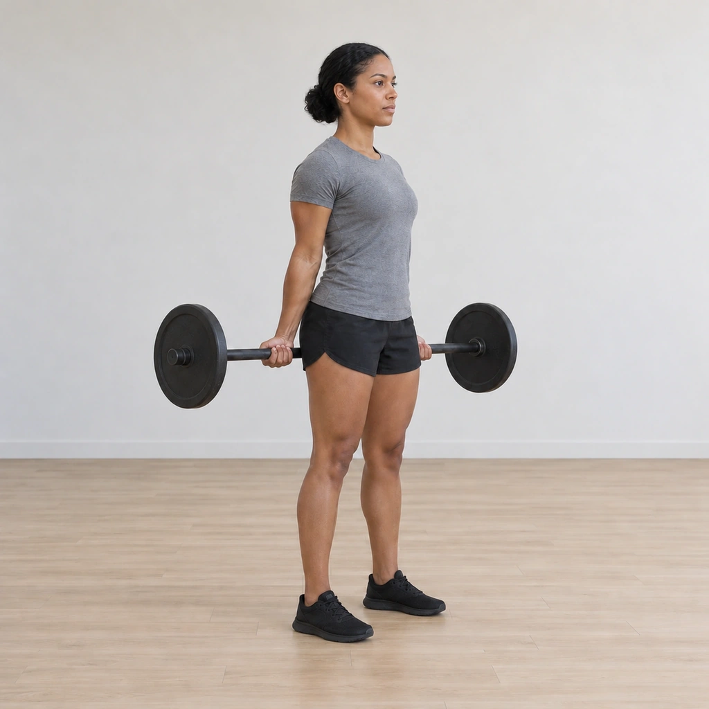 She curls both sets of fingers closed under the barbell, rolling it back up into her palms: fingers wrapping around the bar again, wrists still neutral, the bar returning to the palm grip; arms extended behind her.