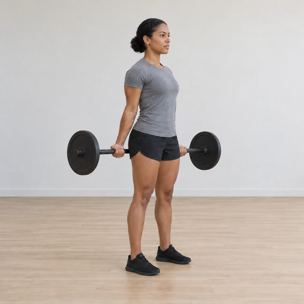 She flexes both wrists upward with the barbell gripped back in her palms: knuckles rising toward the ceiling and the bar curling up behind her thighs, forearms working, arms still hanging extended; posture tall.