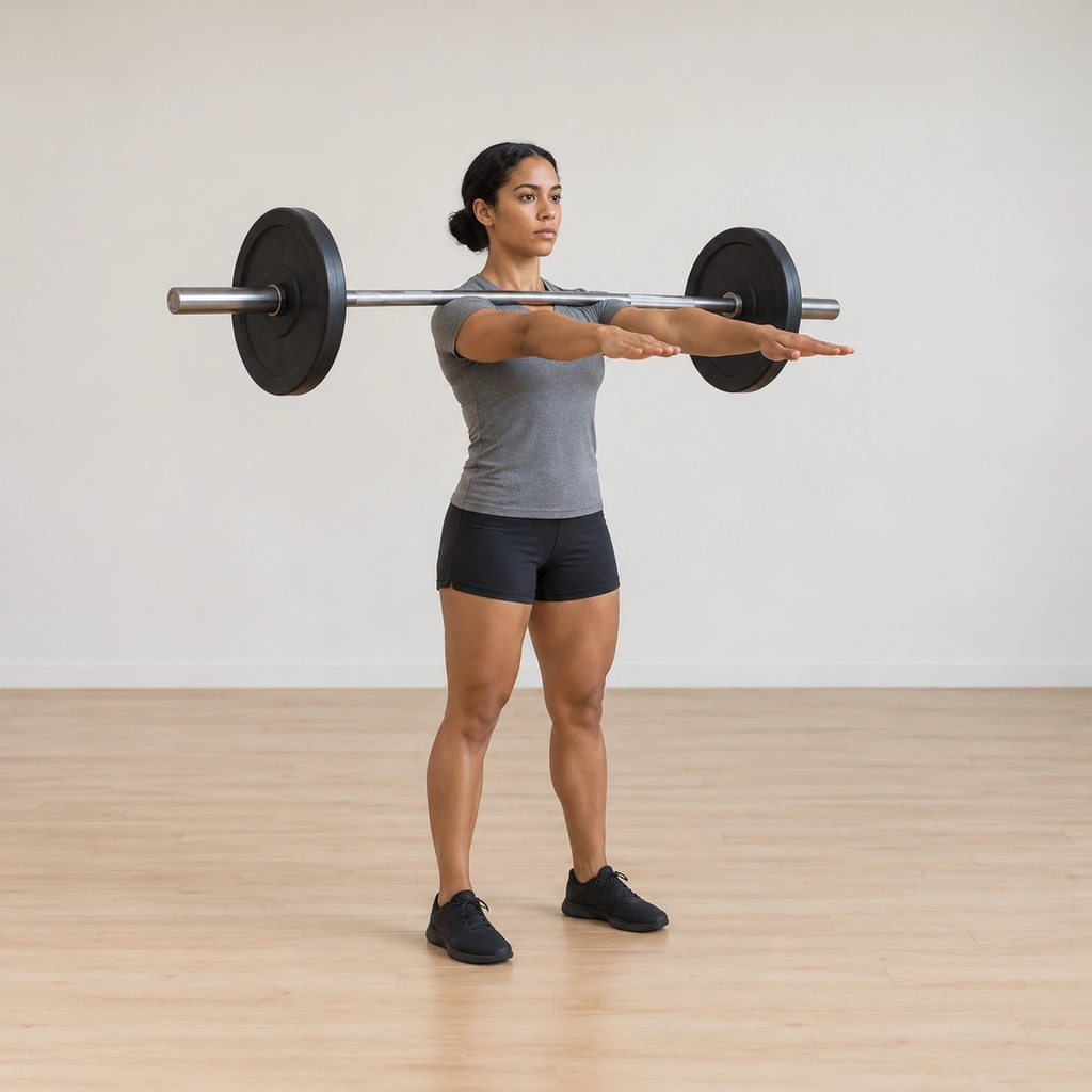 She stands tall with the barbell balanced across her front deltoids, both arms reaching straight forward at shoulder height, torso vertical.