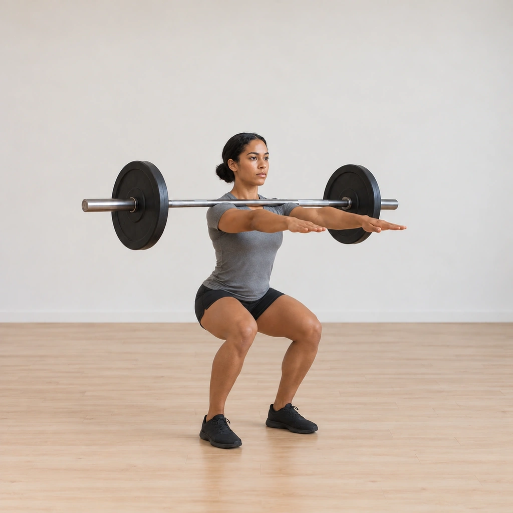 She descends into the squat with her torso strictly vertical, hips dropping between her feet, arms still extended forward and the bar balanced on her deltoids.