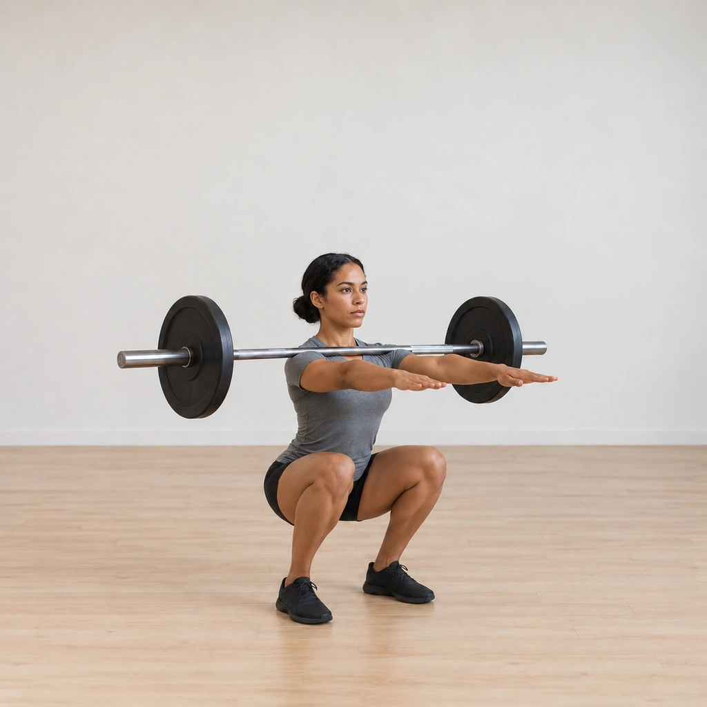 She sits at the bottom of the squat with her hamstrings resting on her calves, torso still vertical, arms forward and the bar balanced.