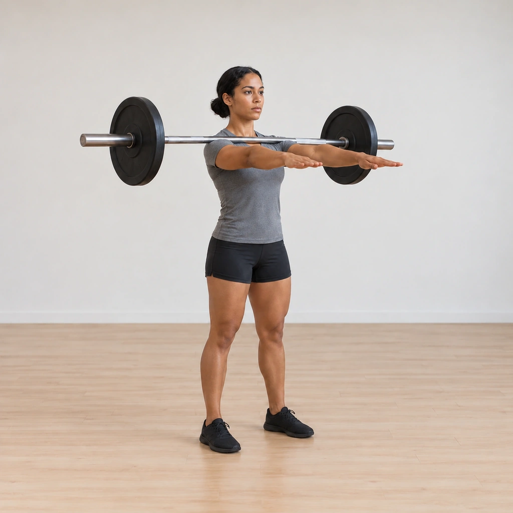 She drives up through midfoot and heels, rising toward standing with her arms still parallel to the floor and the bar secure on her deltoids.