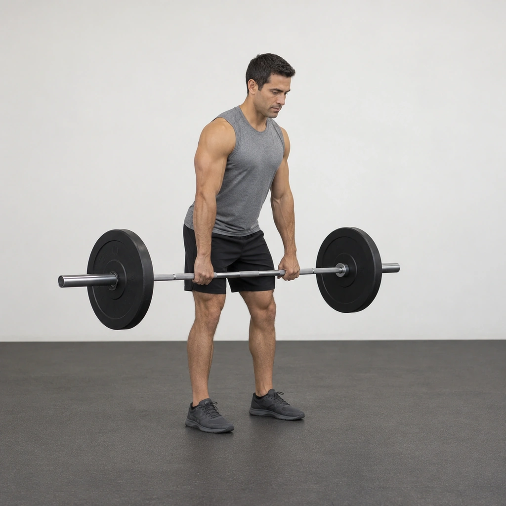 A man hinged slightly forward with a barbell hanging at mid-thigh.