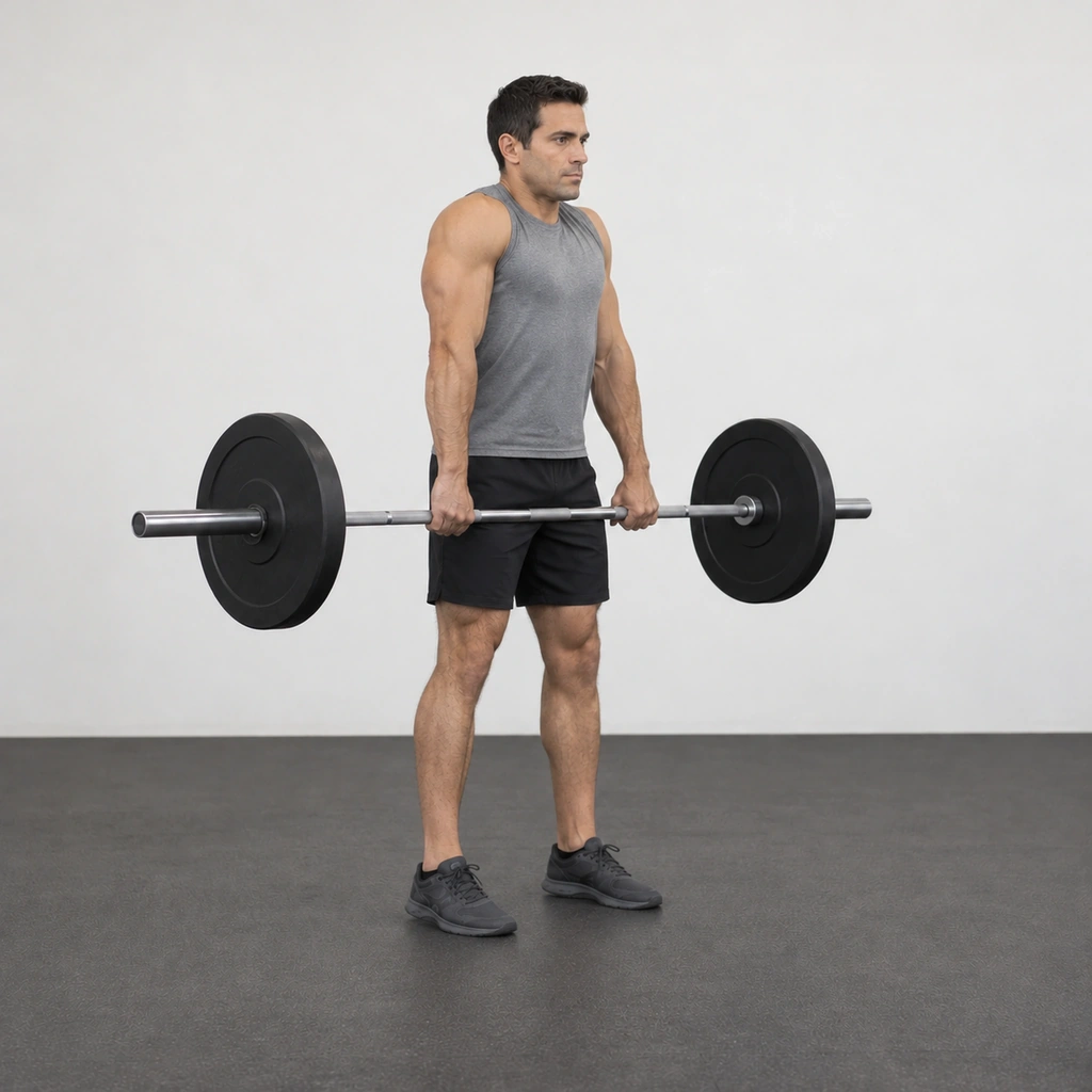 The same man standing almost upright with his shoulders shrugged and the barbell risen to his hip crease.