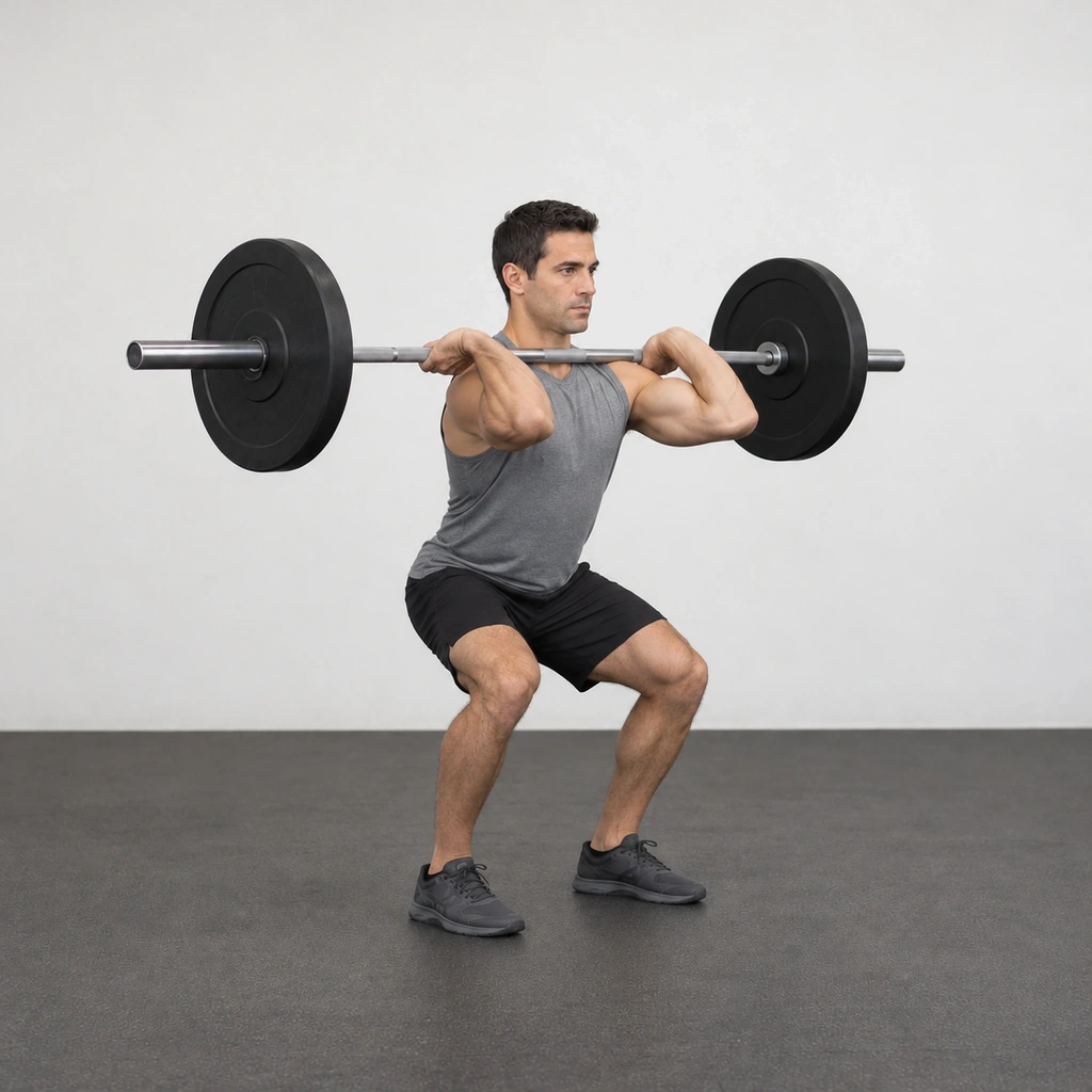 The same man with his knees bent and the barbell resting across the fronts of his shoulders, elbows lifted.