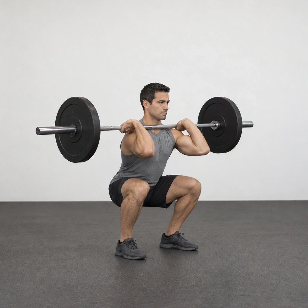 The same man in a deep squat with the barbell still resting across the fronts of his shoulders.