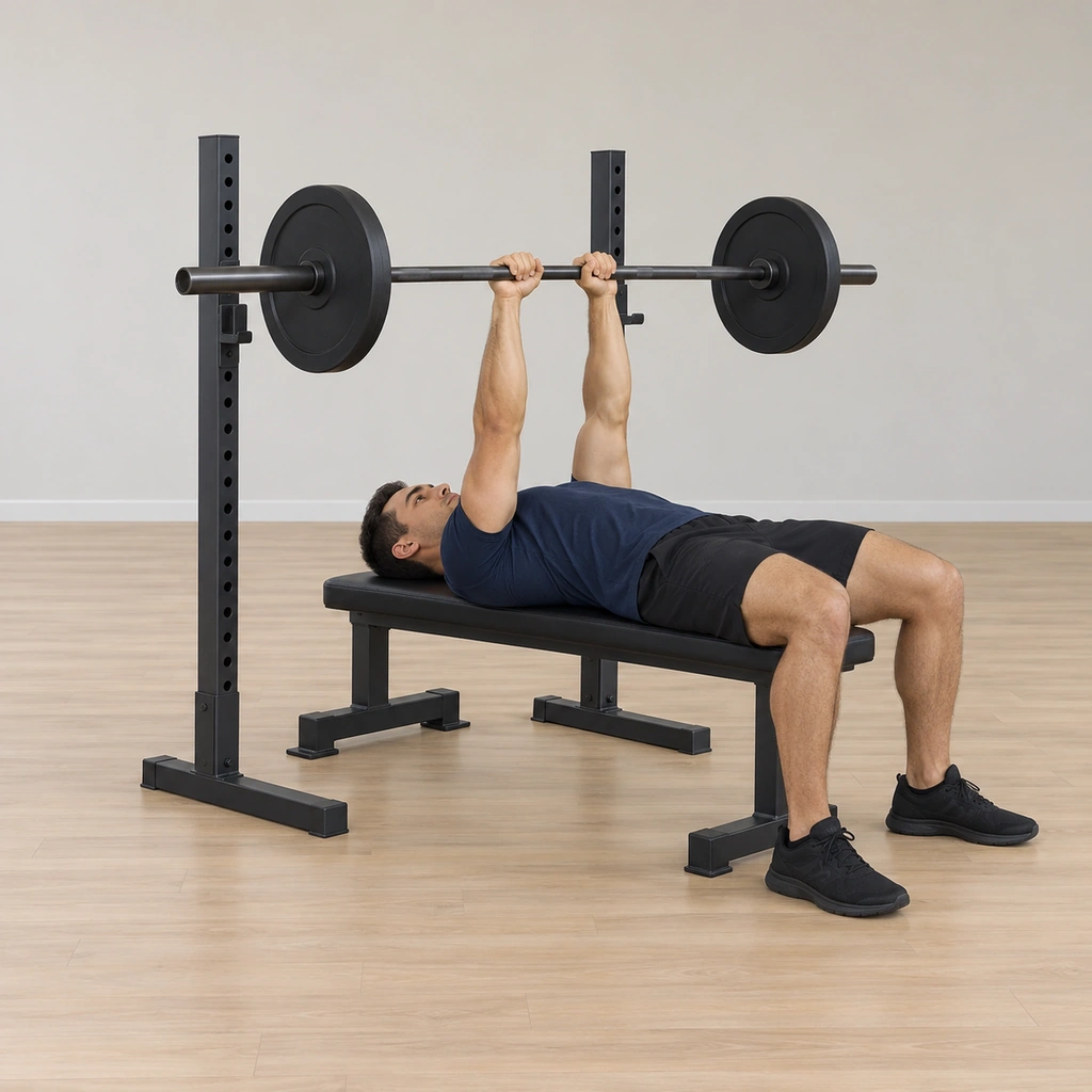 He lies on the flat bench holding the barbell at arm's length directly above his upper chest, elbows tucked in.