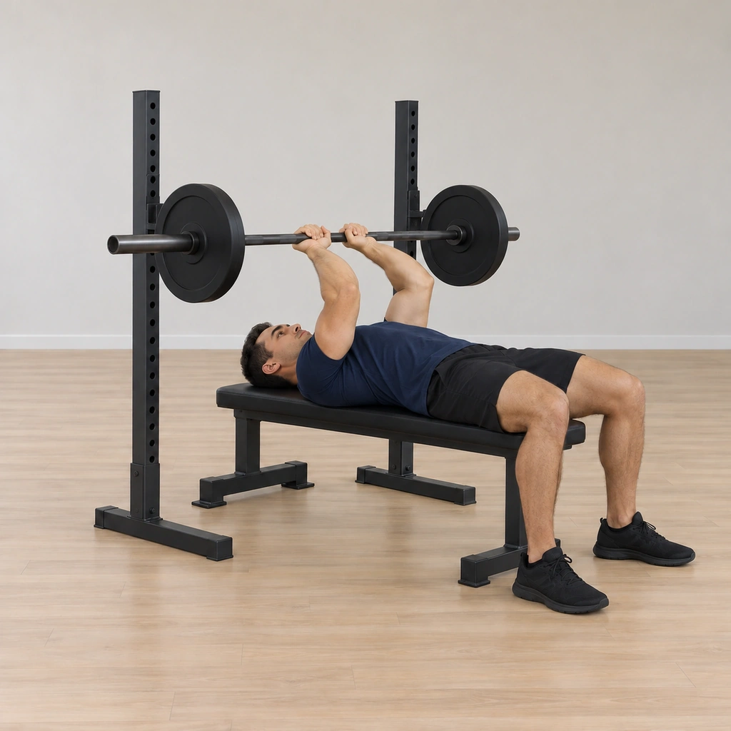 The bar is lowering in a lying-triceps-extension path toward his chin line, elbows bending with the bend kept constant.