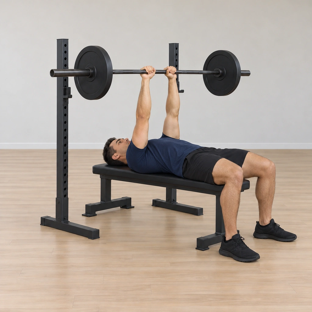 He presses the bar back up the short path to arm's length above the upper chest, elbows driving the extension close-grip style.