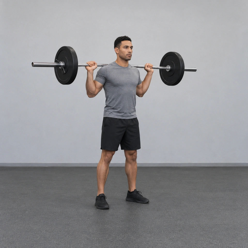 A man standing in three-quarter front view with his feet shoulder-width apart and a barbell resting across his upper back, both hands gripping the bar.