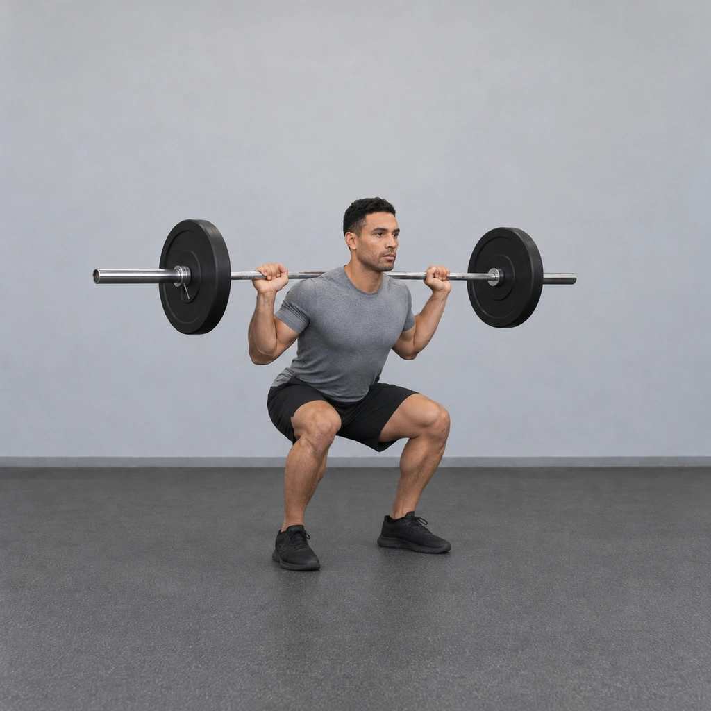 The same man in a partial-to-parallel squat in three-quarter front view, knees bent, the barbell still across his upper back.