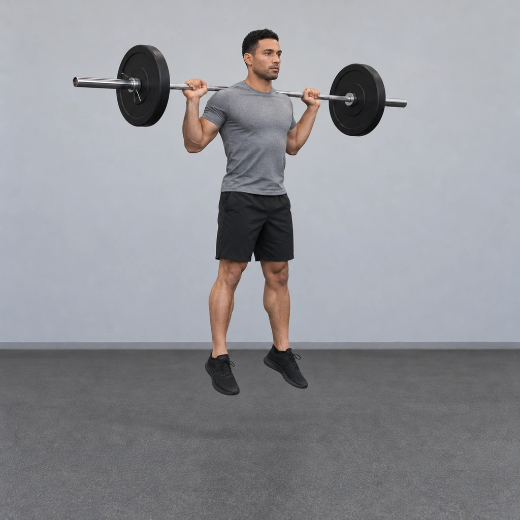 The same man in the air in three-quarter front view, both feet off the floor, legs extended and the barbell still across his upper back.