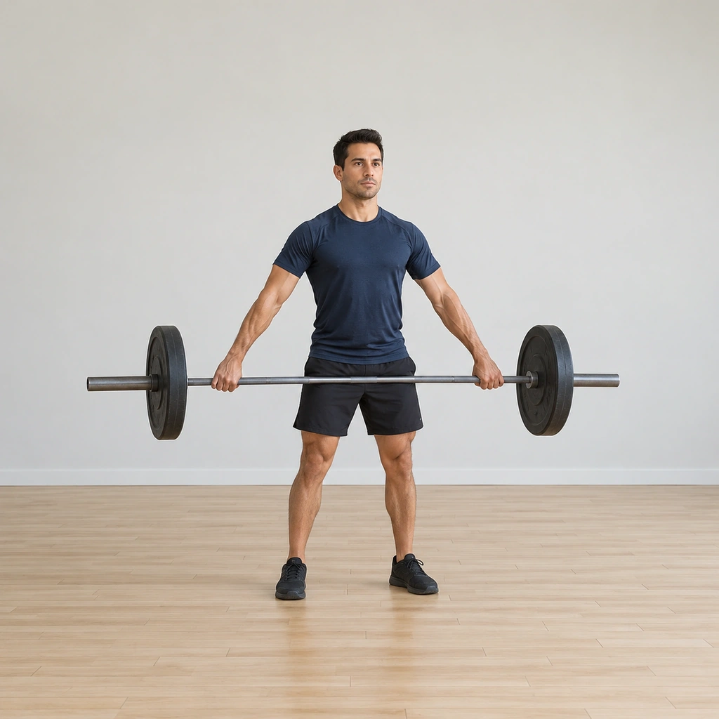 He stands holding the barbell at mid thigh on a wide grip, chest up and head forward, shoulders just in front of the bar.