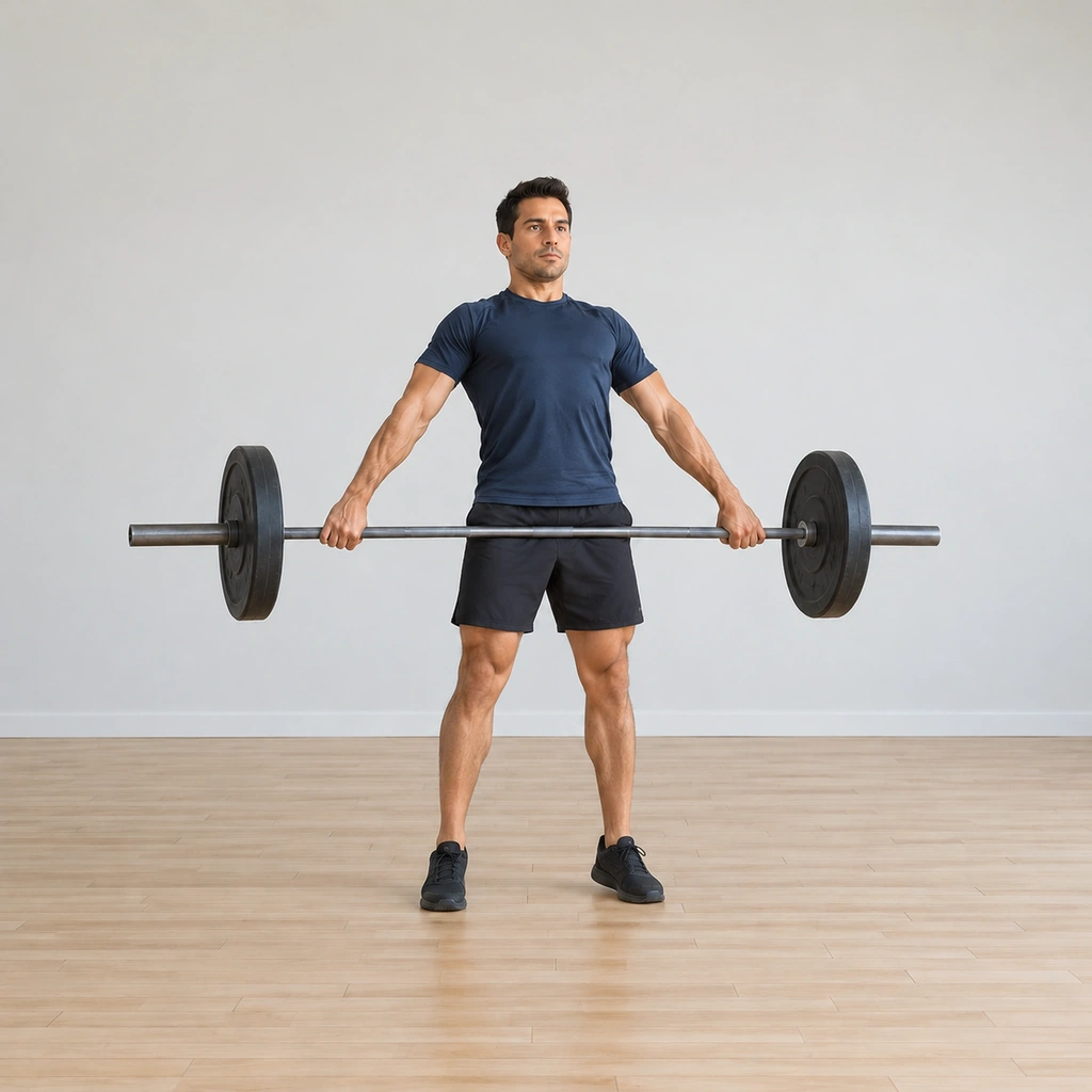 He has driven through his heels and the bar is rising along his thighs, his hips starting to open while the bar stays close to his body.