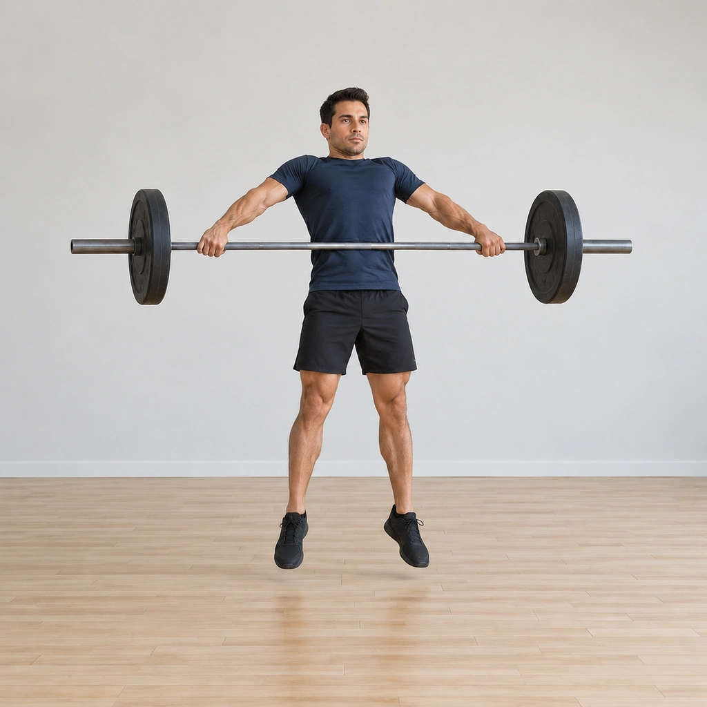 He is at full extension - hips, knees and ankles extended, the bar accelerating upward close to his body at chest height.
