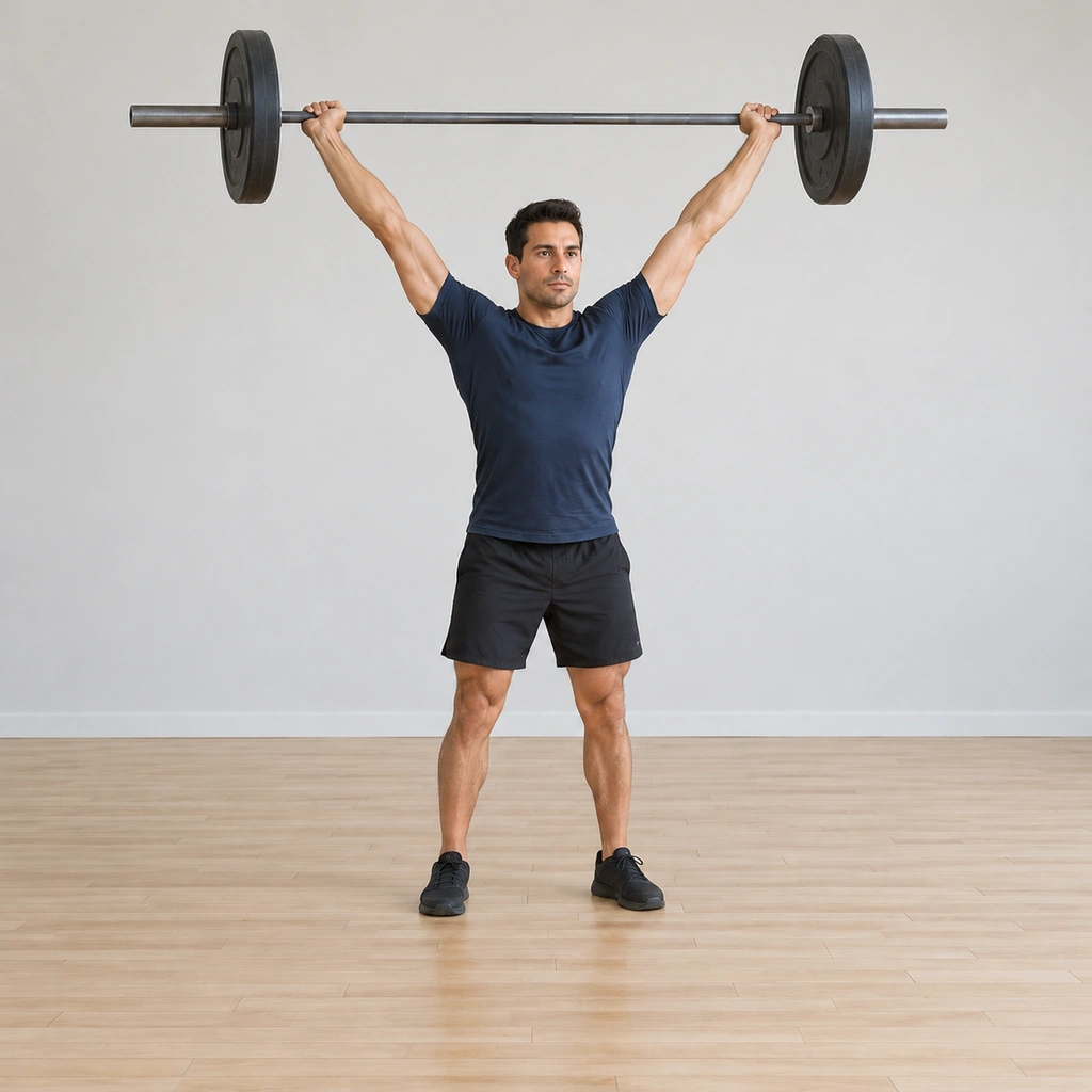 He stands tall on straight legs with the barbell locked out overhead on the wide grip, arms extended, the bar held over his head.
