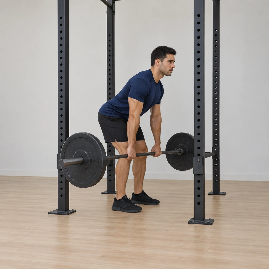He stands in the power rack hinged over the knee-height pinned barbell: feet planted under his hips, both hands gripping the bar shoulder-width, back arched flat and hips pushed back with the knees soft; the bar loaded with plates rests on the pins.