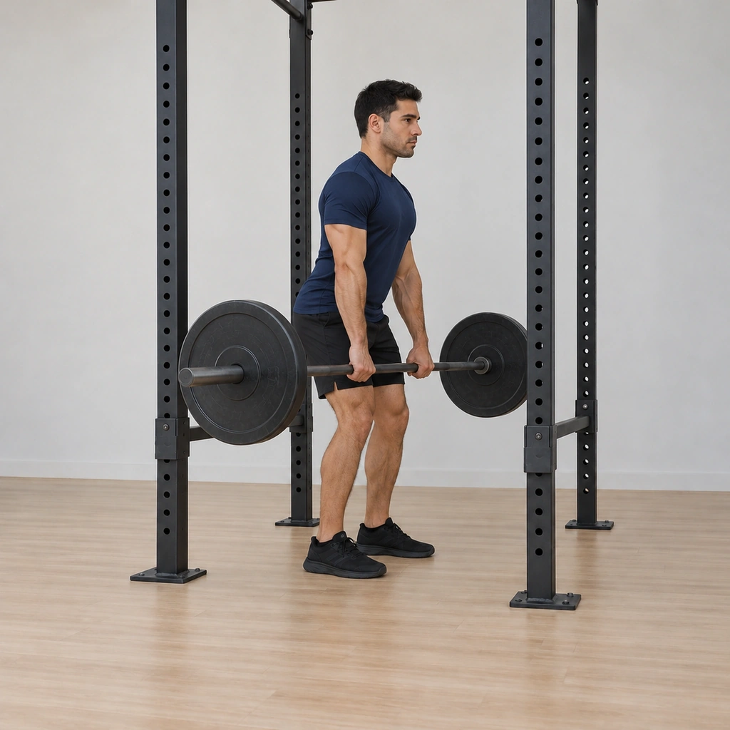 He extends his hips and knees into the pull: the barbell rising off the pins along his thighs, trunk opening toward upright, head forward, the bar kept close as it travels up and back; shoulders still ahead of the lockout.