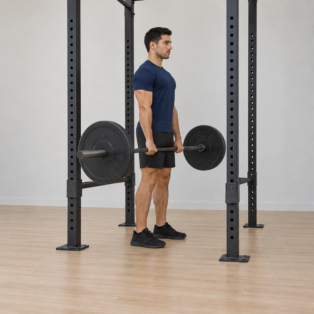 He stands fully locked out inside the rack: hips and knees extended, trunk tall, the barbell held at hip height with straight arms and his shoulders pulled back to complete the movement; feet planted.