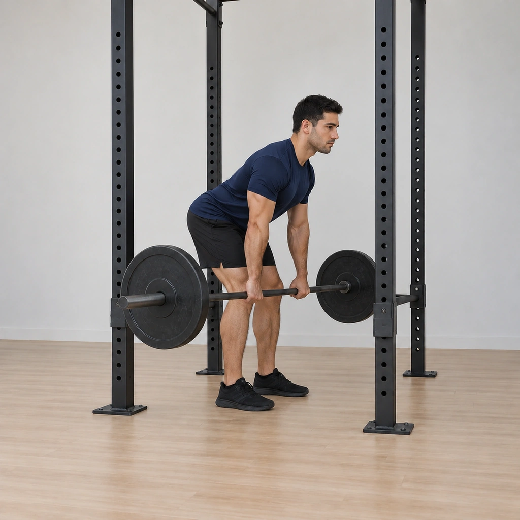 He lowers the barbell back down inside the rack under control: hips hinging back and knees softening, the bar descending along his thighs to settle onto the knee-height pins; back still flat.