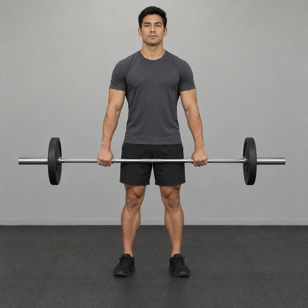 A man standing tall, holding a barbell in front of his thighs with both hands, shoulders relaxed down, arms straight.