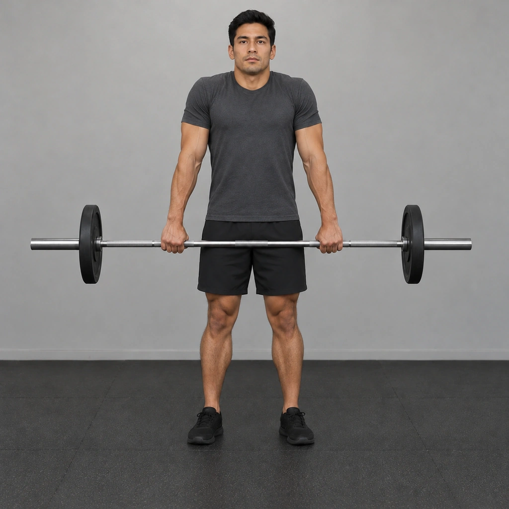 The same man, now with his shoulders raised straight up toward his ears, arms still straight, holding the barbell in front of his thighs.
