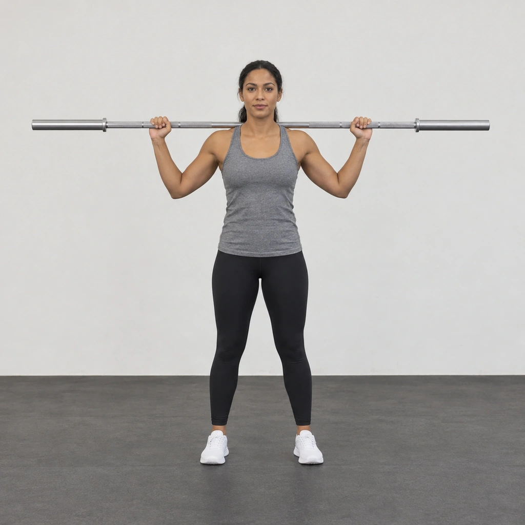 A woman standing tall with a bare barbell across the back of her shoulders.