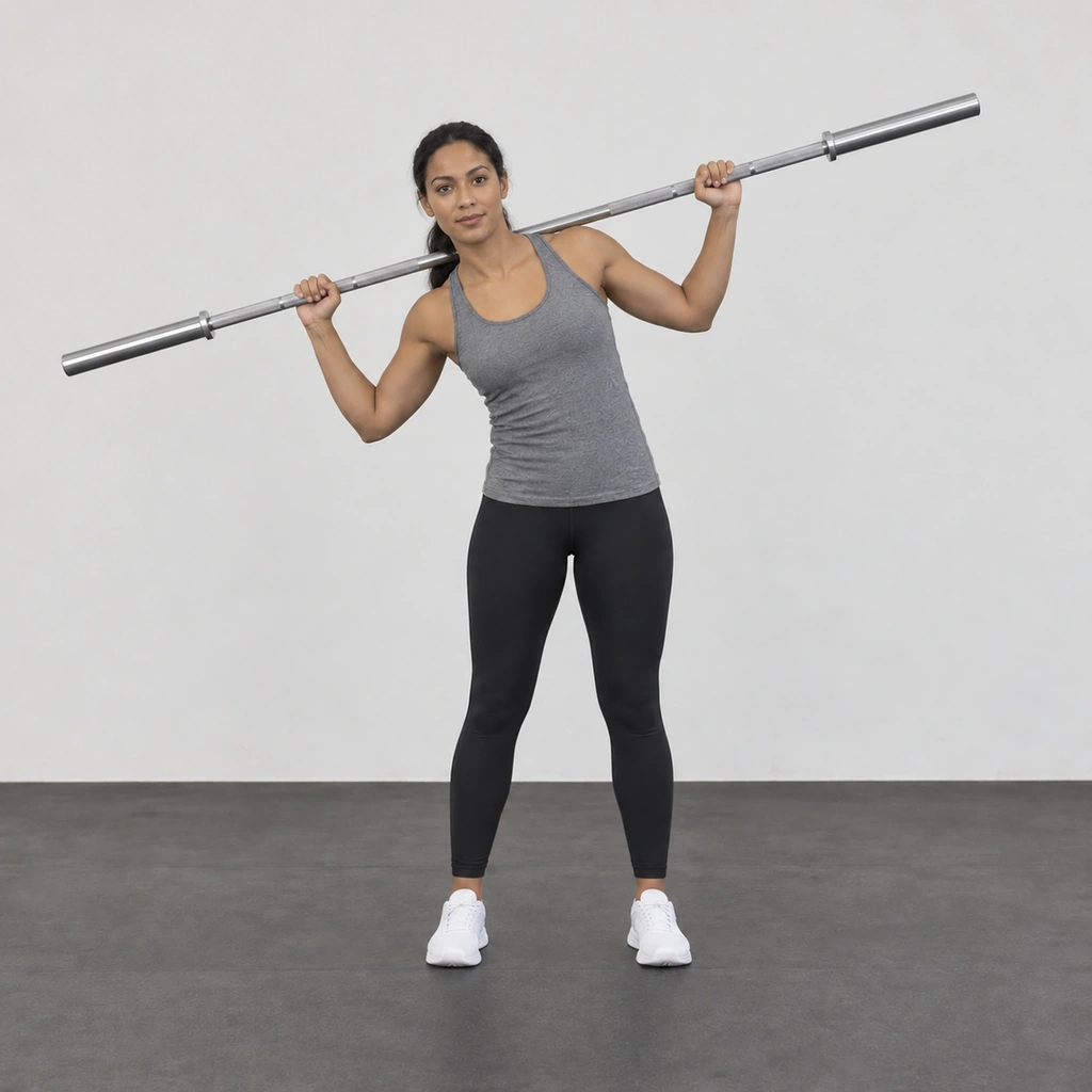 The same woman bent sideways at the waist to her right, the bar tilted with her shoulders.