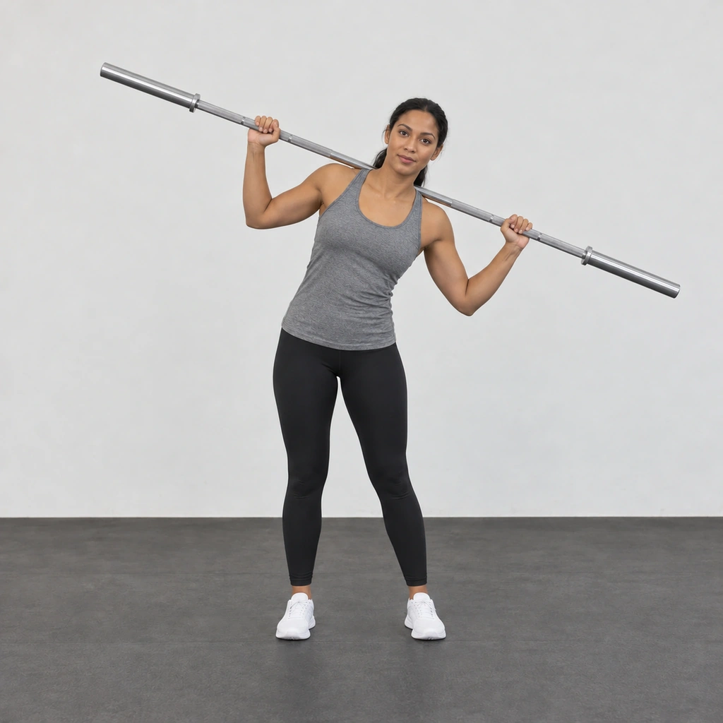 The same woman bent sideways at the waist to her left, the bar tilted the other way.