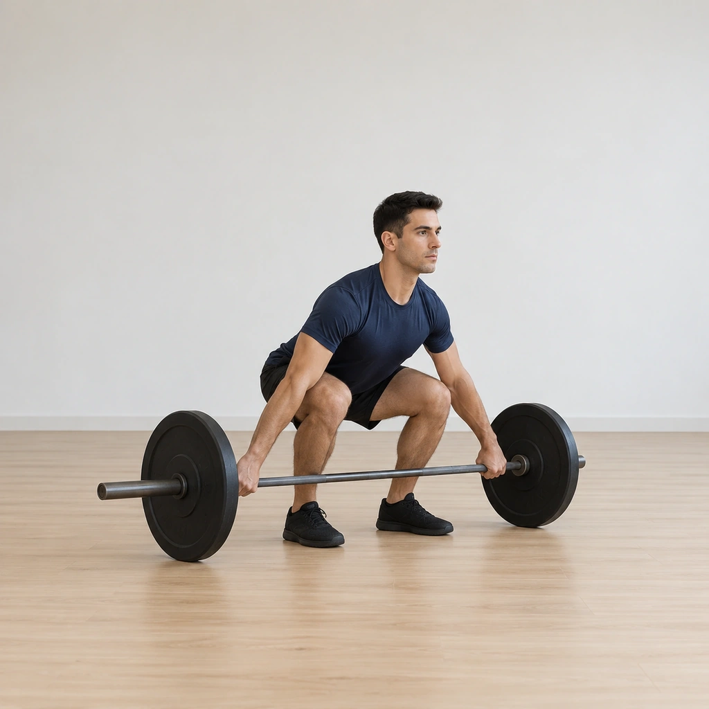 He squats low over the barbell, gripping it with a wide overhand grip well outside his legs, hips low, back flat and head facing forward.