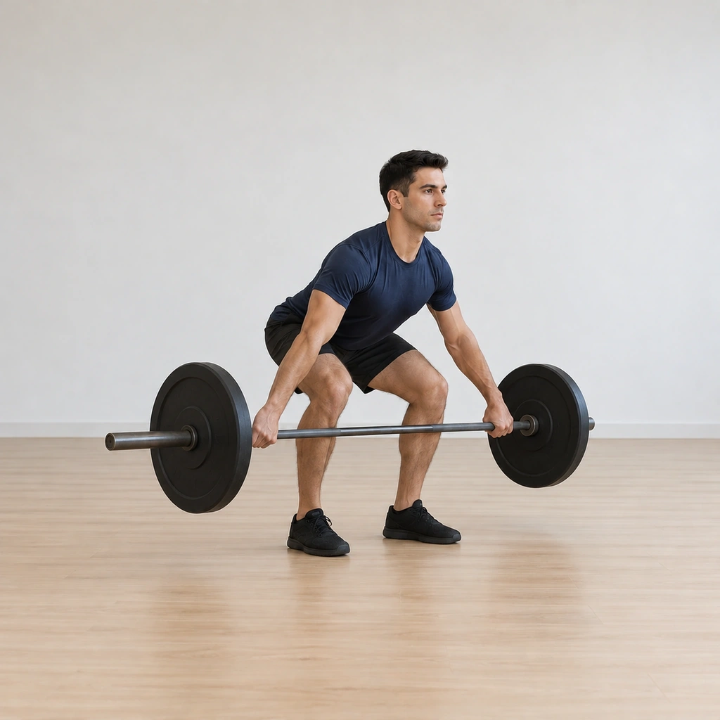 He drives the barbell off the floor through his heels, hips rising while his back angle stays fixed, the bar climbing along his shins.
