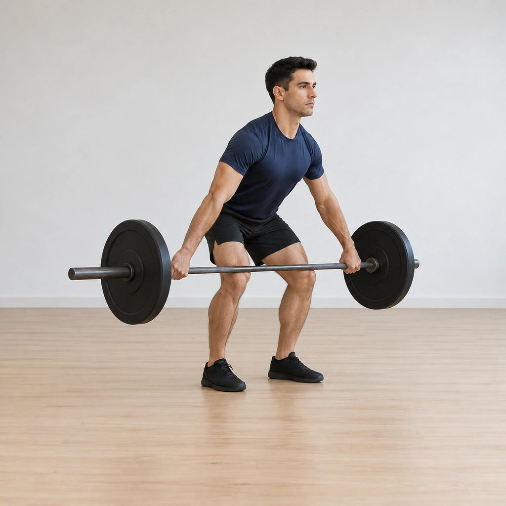 He pulls the barbell past his knees, hips and chest rising together, the bar close against his thighs.
