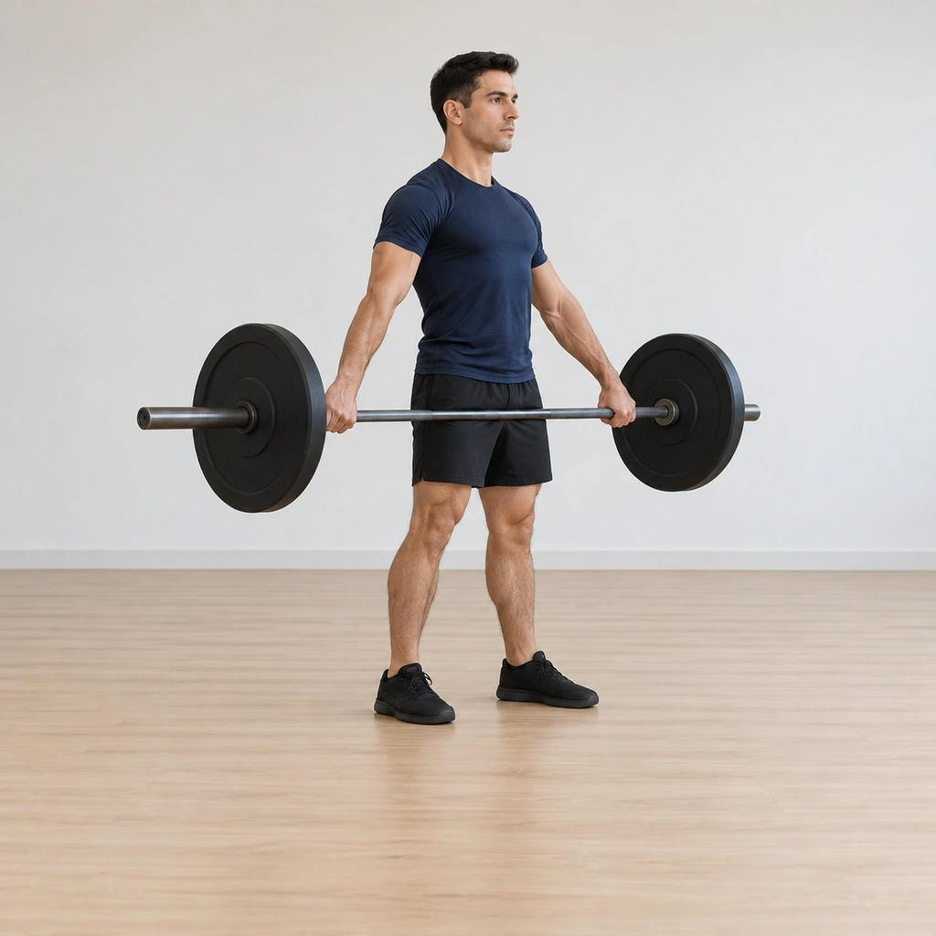 He stands tall with the barbell held at his hips on the wide grip, chest up, knees and hips fully extended.