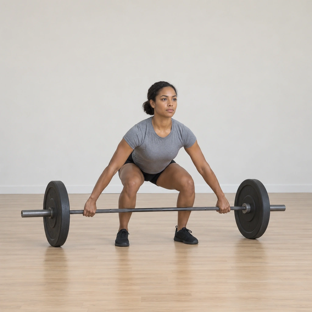 She is set over the bar on the wide grip: hips lowered, back straight, chest up, weight on her heels, her shoulders just in front of the bar.