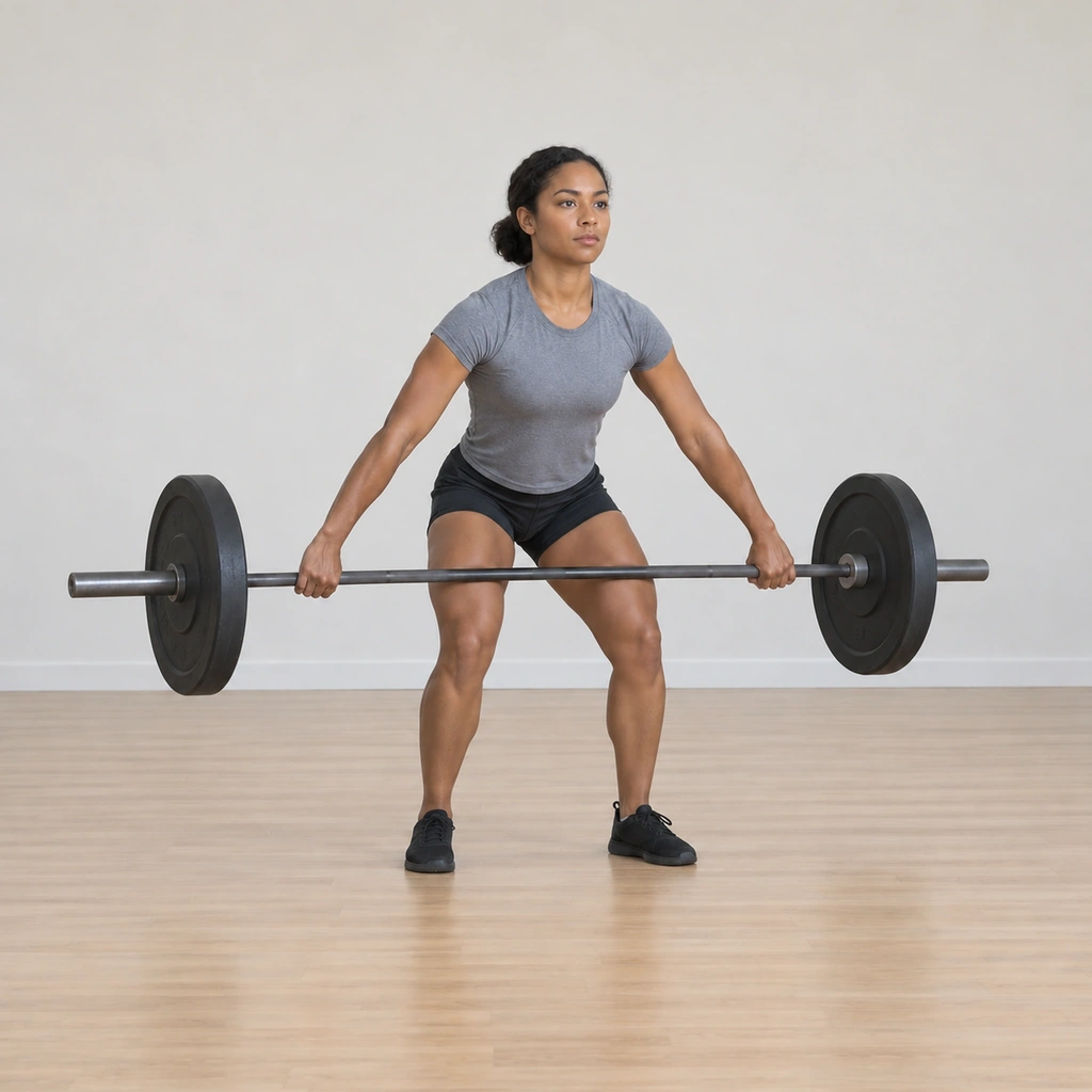 She has driven through her heels and the bar travels above her knees under control, her back angle unchanged and her arms hanging straight.