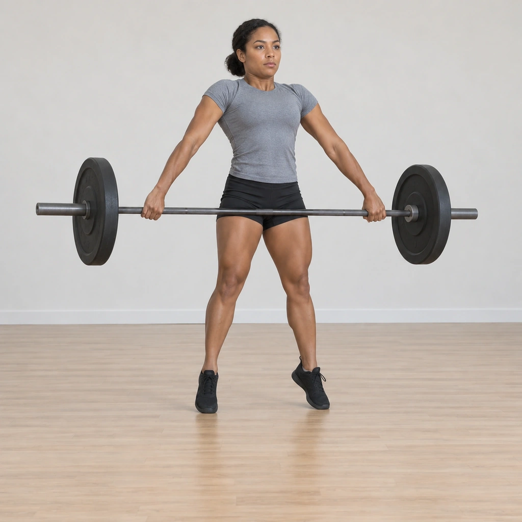 She is at violent full extension - on the balls of her feet, hips knees and ankles extended, shoulders shrugged aggressively, arms still straight like cables, her body fully extended and leaning slightly back.