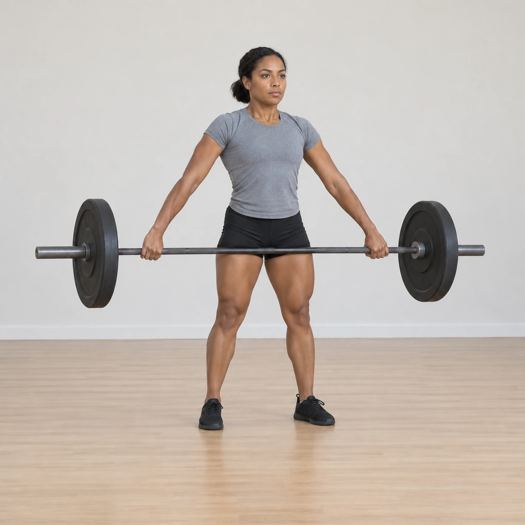 She is lowering the bar under control back toward the floor - her posture tall, arms still straight, the bar descending close to her legs, no catch ever taken.