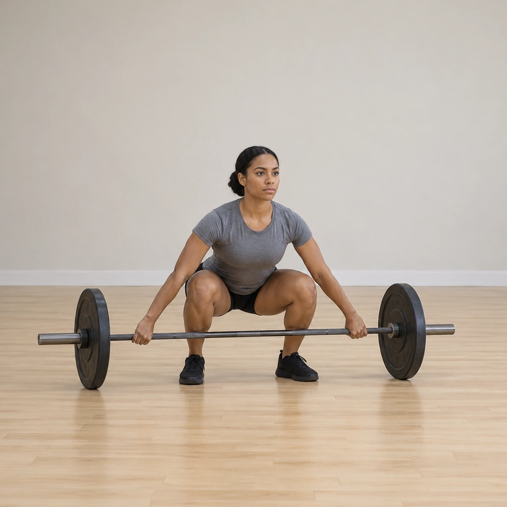 She is set over the bar: feet at shoulder width, hands gripping the bar on a wide palms-down grip, knees bent, back flat and hips dropped, shoulders just ahead of the bar.