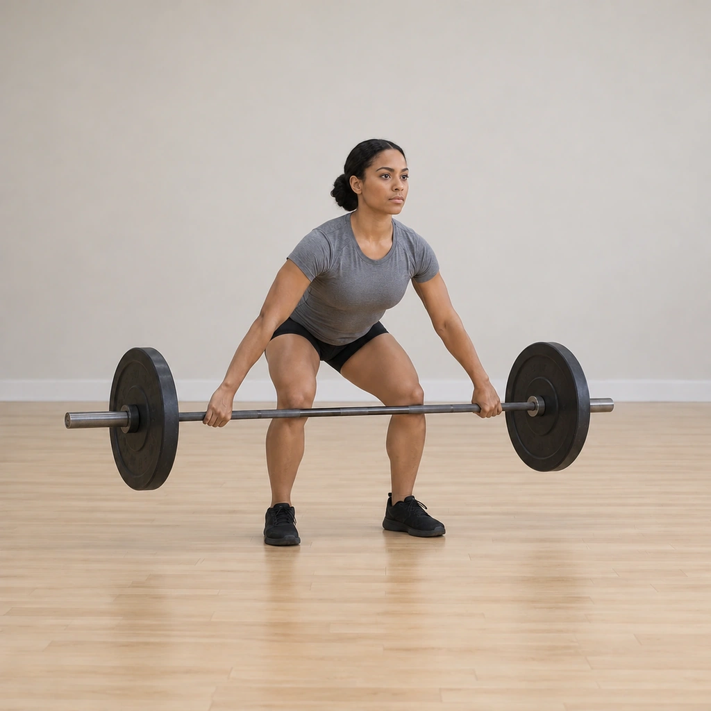 She has pushed through the floor and the bar has left the ground close to her shins, passing the knees, her back angle holding and her arms long.