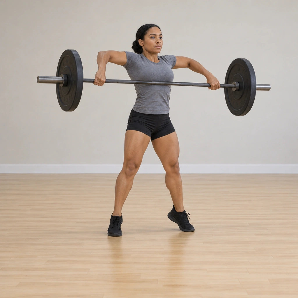 She is at violent full extension - on the balls of her feet, hips knees and ankles extended, shoulders shrugged, elbows lifting out and high as the bar climbs close in front of her chest.