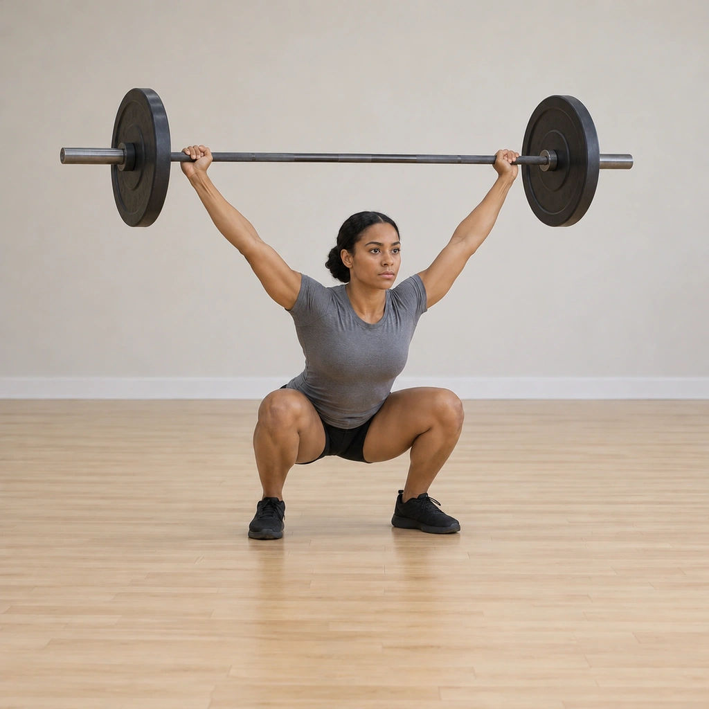 She has dropped into the deep squat with the bar locked out overhead on the wide grip, arms extended and trunk braced, recovering to stand with feet in line.