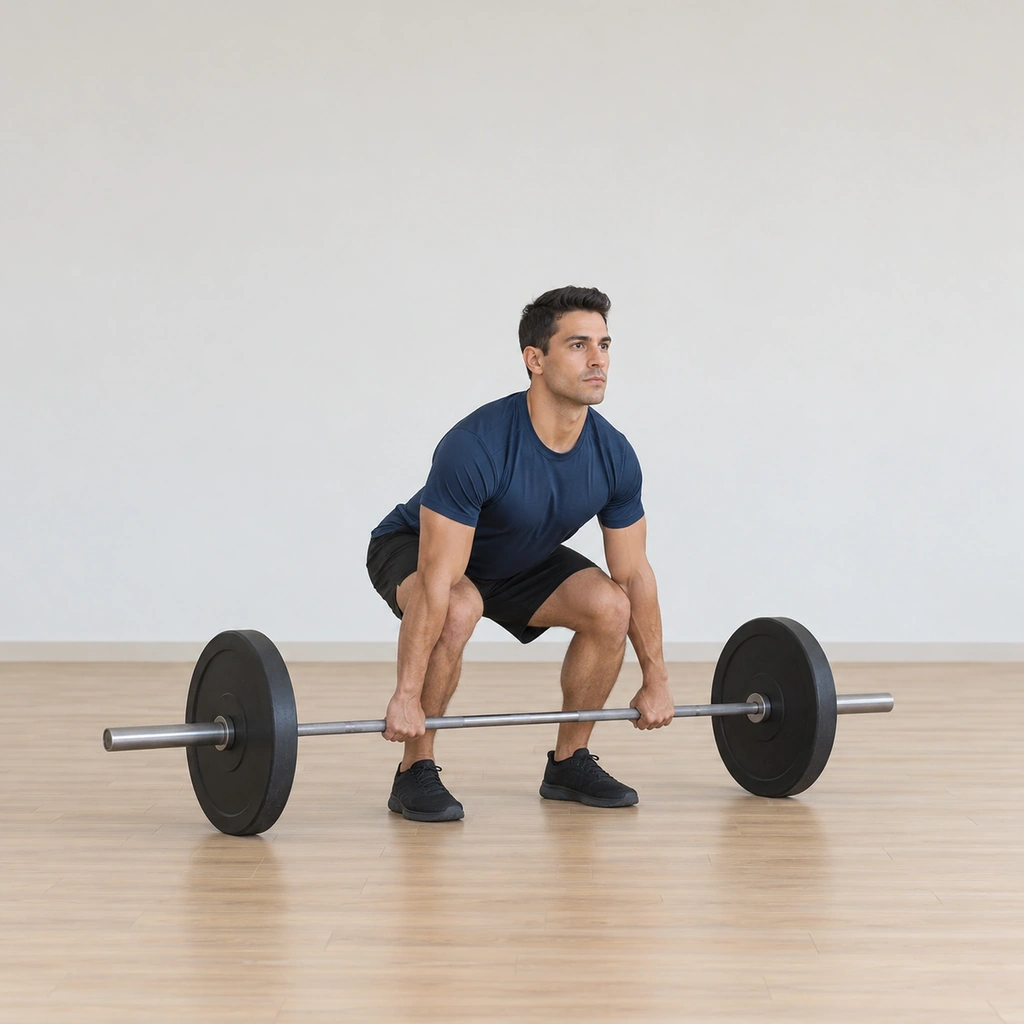 He stands over the barbell at the floor, gripping it overhand just outside his legs, hips lowered, back flat, chest up and shoulders just in front of the bar.