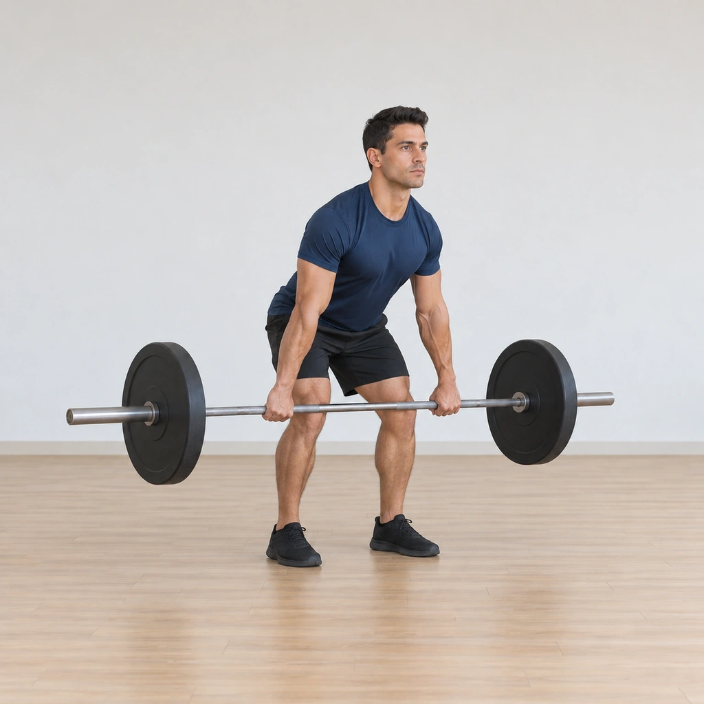 He drives the barbell up off the floor through his heels, knees extending, back angle unchanged and the bar staying close to his legs.