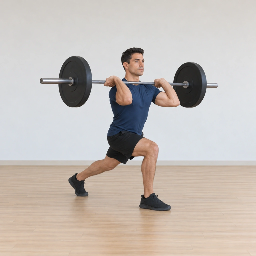 He has jumped into the split, one foot forward and one back, receiving the barbell racked on his protracted shoulders with the bar lightly touching his throat.