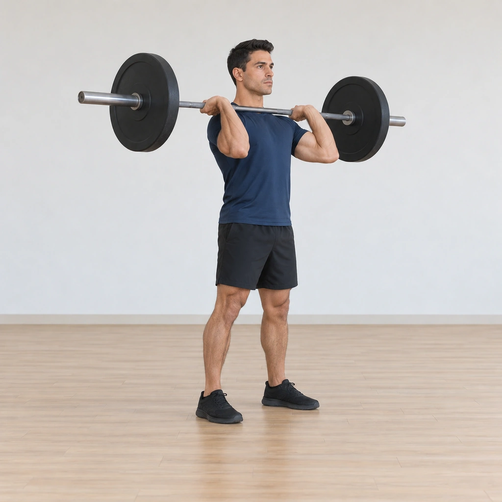 He stands tall with the barbell racked on his shoulders, his feet brought back together under his hips, elbows forward.