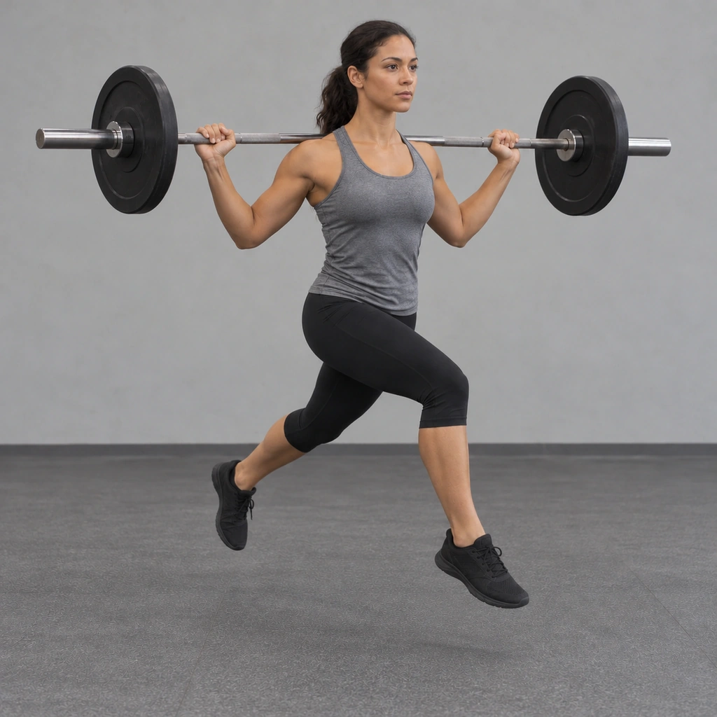 The same woman in the air in three-quarter front view, both feet off the floor in the same split with the right foot forward and the barbell still across her upper back.