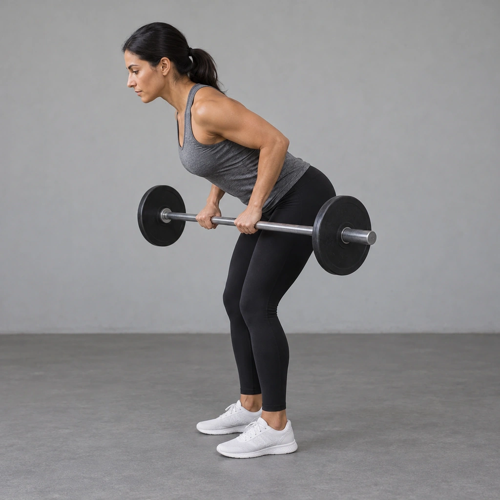 A woman hinged forward at the hips, gripping a barbell with both hands, her elbows bent and tucked against her torso.