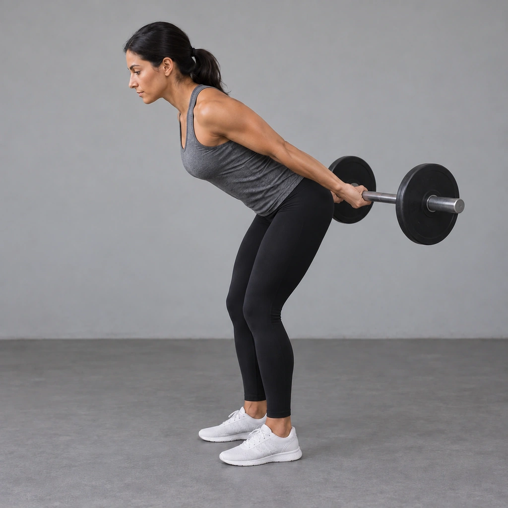 The same woman, still hinged forward, her elbows now straightened and the barbell driven back behind her torso.